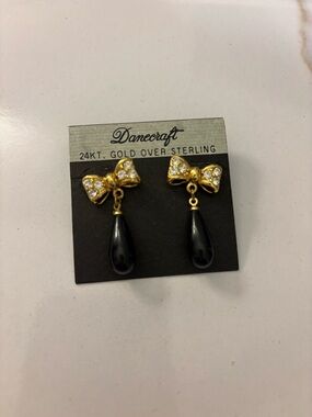 Gold Bow Drop Earrings with Black Teardrops